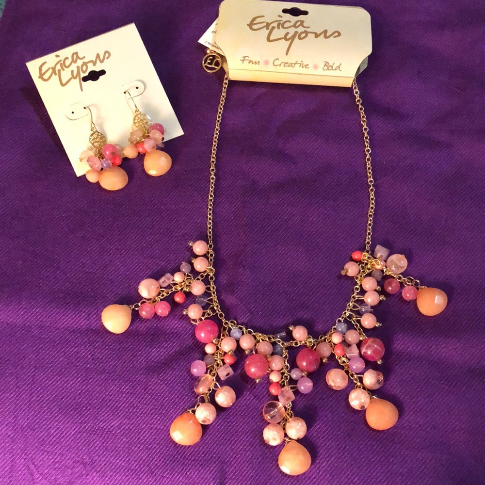 Erica Lyons Gold tone beaded statement necklace and fishhook dangling earrings
